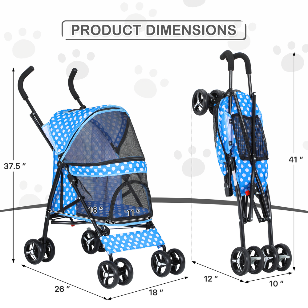 Foldable Pet Stroller 4 Wheels Breathable Dog Stroller w/Skylight&Storage Basket