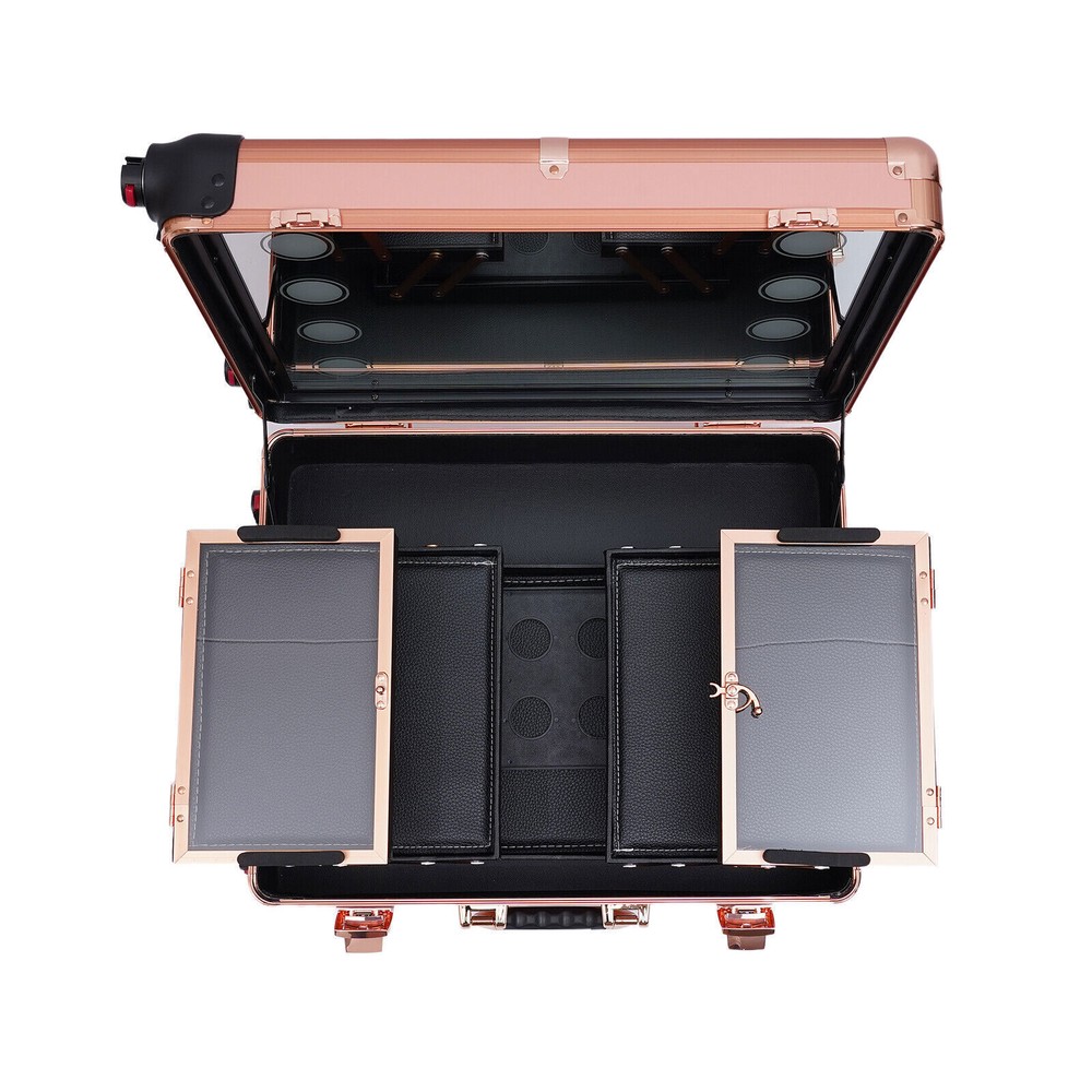 3-Tier Rolling Makeup Train Case LED Cosmetic Trolley Makeups Organizer + Mirror