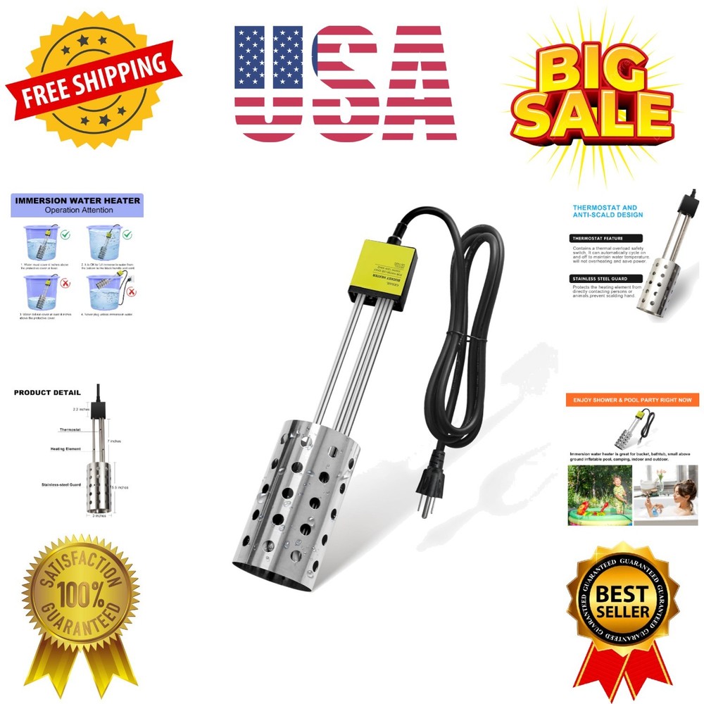 1000W Electric Immersion Heater, Bucket Water Heater with 304 Stainless-Steel...