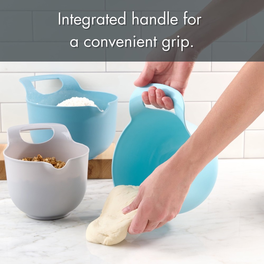 4 Piece Nesting Plastic Mixing Bowl Set with Pour Spouts and Handles, Blue