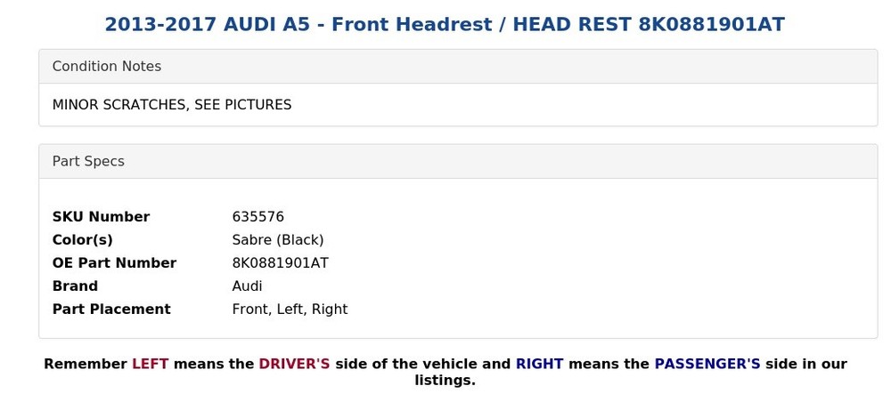 2013-2017 AUDI A5 - Front Headrest / HEAD REST 8K0881901AT