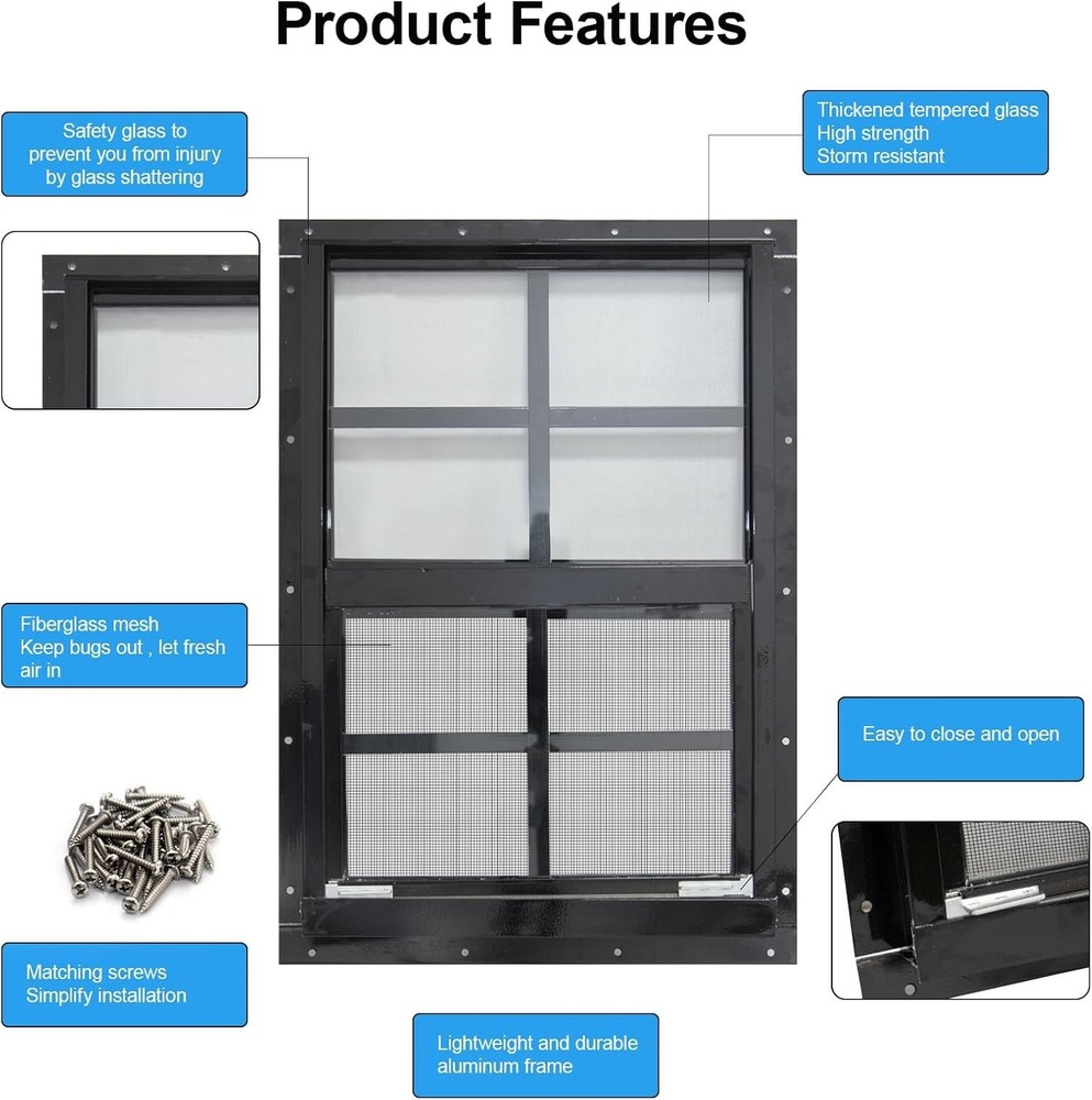 2 Pack Shed Windows with Black Frame, 18x 23 Flush Mount Small Window with Te...
