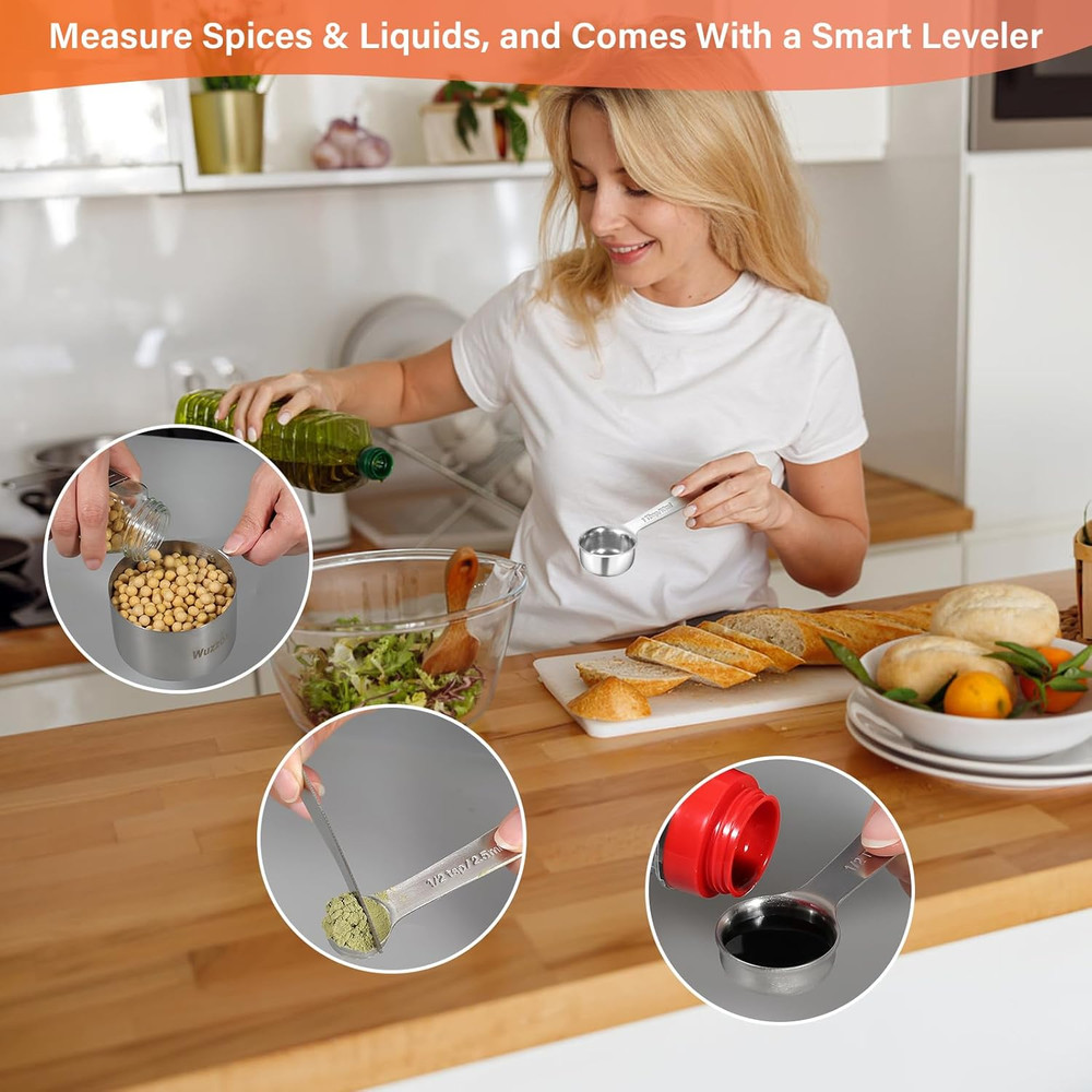 Measuring Cups and Spoons Set of 11, Stackable Metal Kitchen Tools