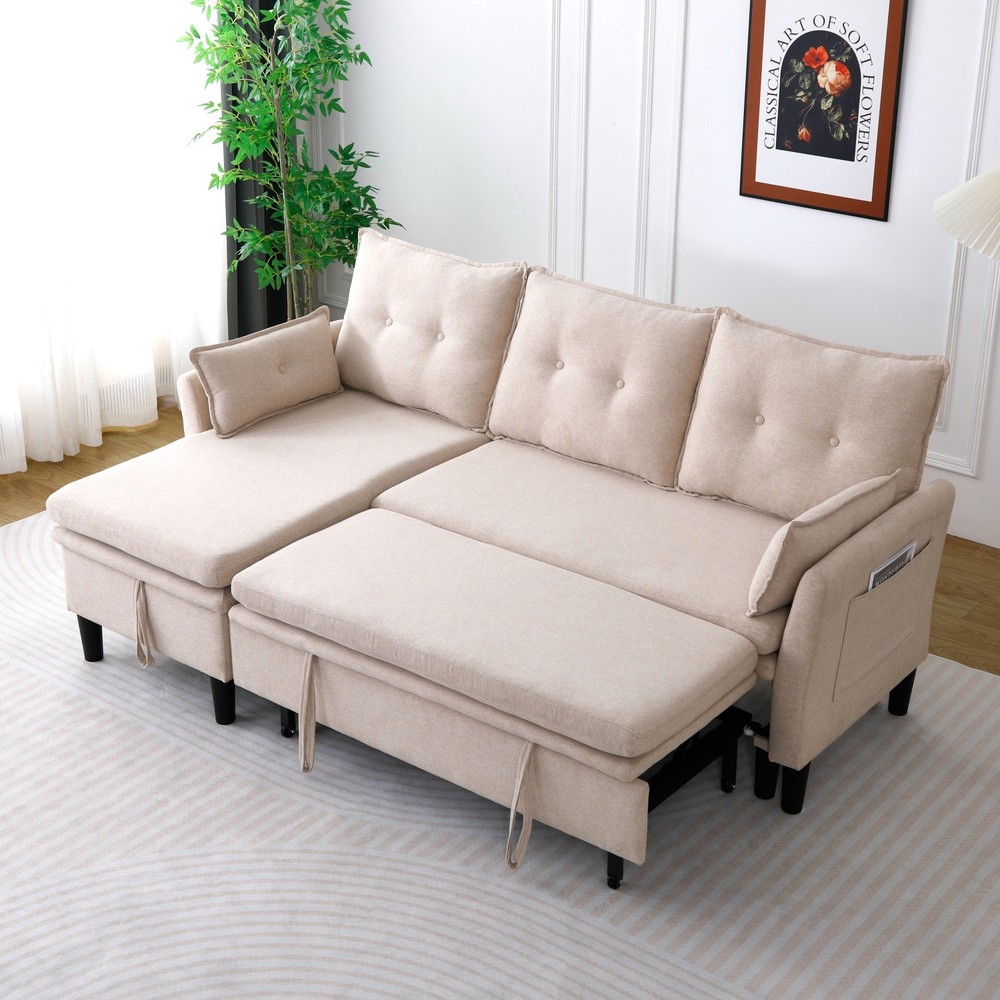 Modern L-Shaped Cotton-Linen Sectional Sleeper Sofa w/ Pull Out Bed & Storage