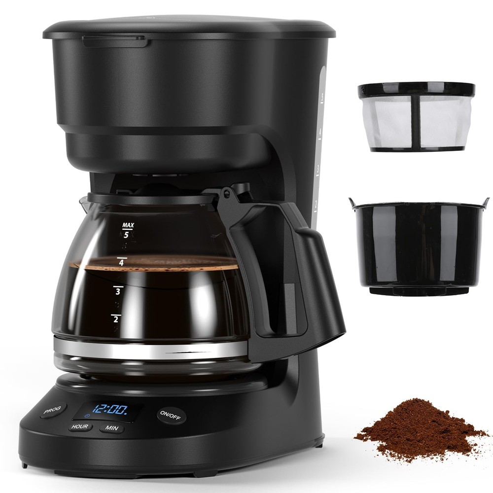5-Cup Programmable Drip Coffee Maker, a compact coffee machine with a digital...