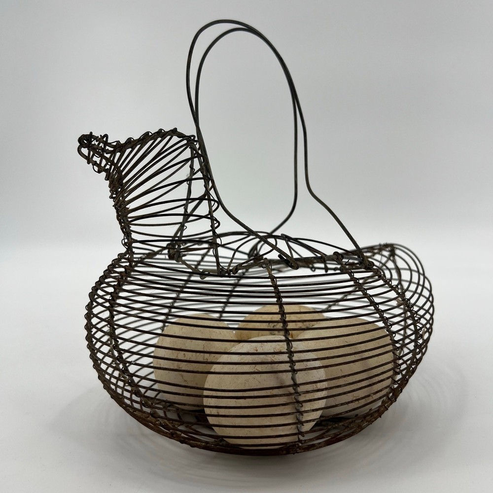 Vintage Wire Egg Basket with 4 Decorative Ceramic Eggs Chicken Shaped