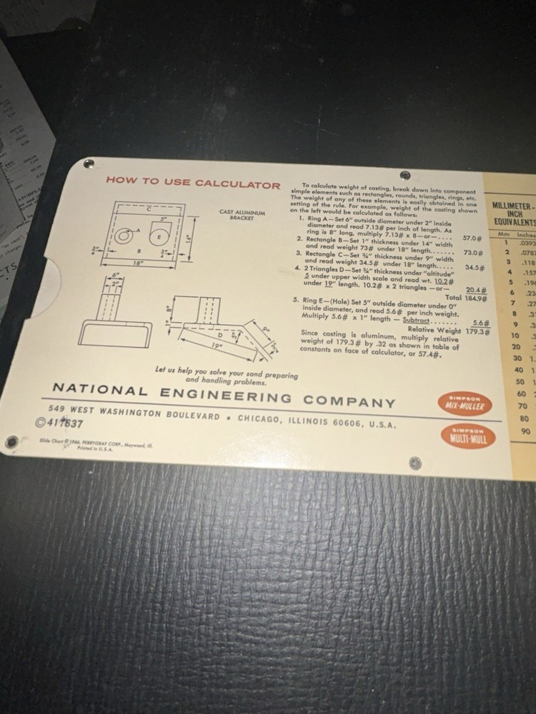 1966 Simpson Casting Weight Calculator National Engineering Co. Perrygraf
