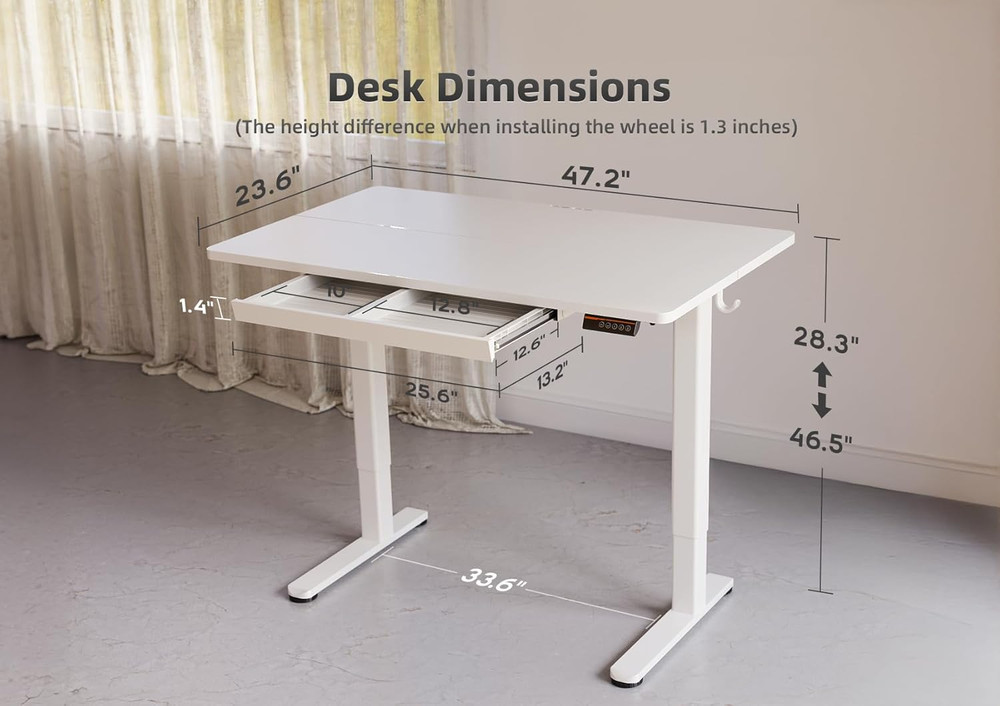 Electric Adjustable White Standing Desk with Drawers - 48x24 Inch