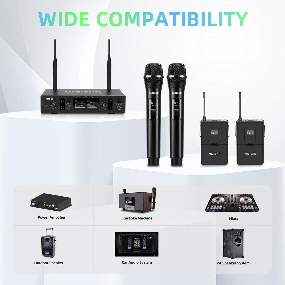 Lapel Wireless Microphone System with Headset & Lavalier Mics, 4 Channel UHF ...