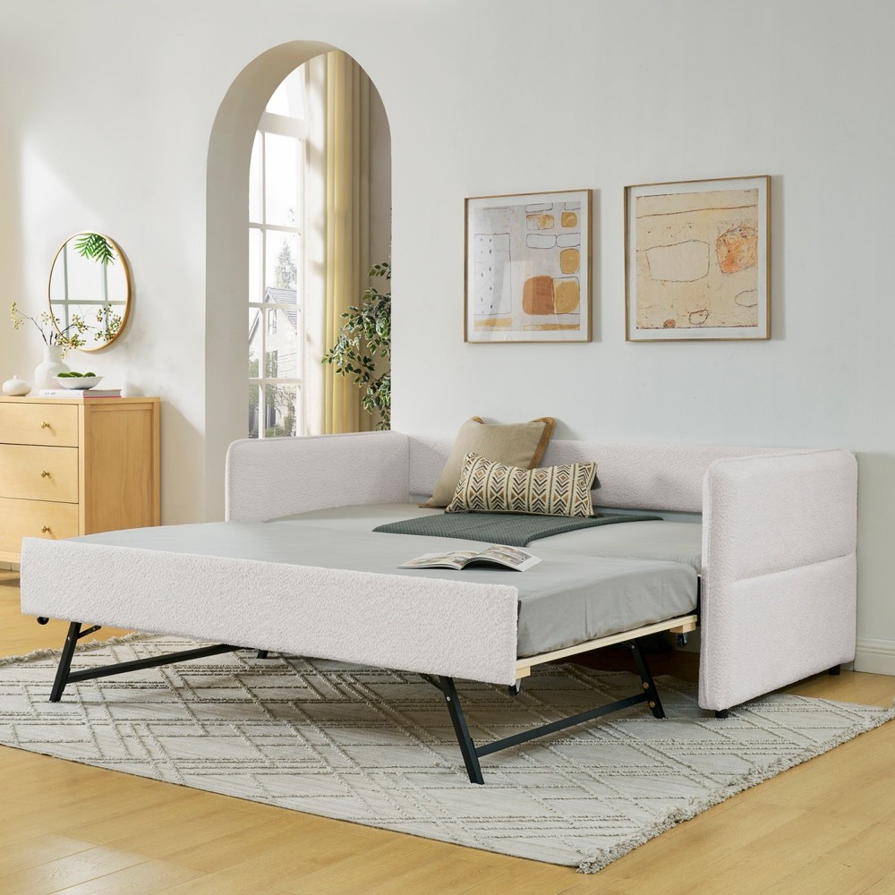 Twin/Full Daybed Modern Boucle Upholstered Sofa Bed with Pull-Out Trundle Beige