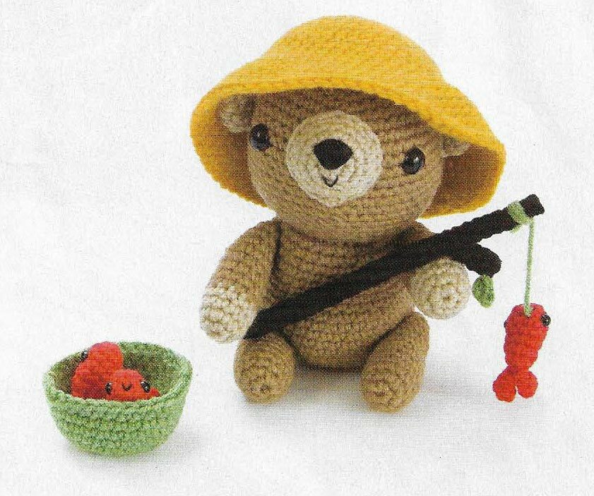 GONE FISHIN' TEDDY BEAR 6" STUFF ANIMAL TOY CROCHET PATTERN INSTRUCTIONS