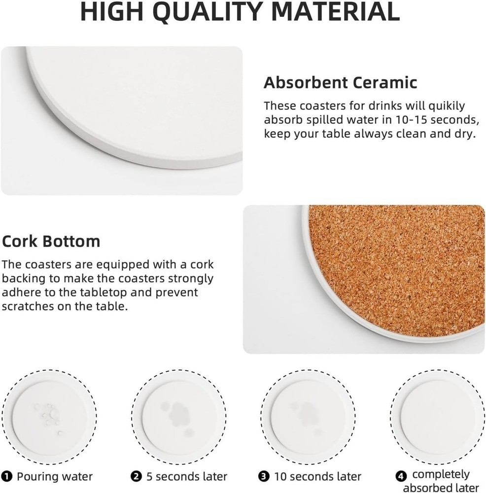 Absorbent Ceramic Coasters for Drinks with Cork Base Art Coasters Set of 6 - ...