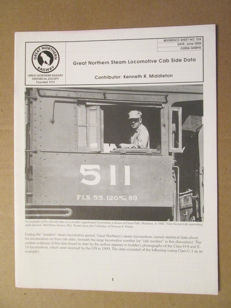 Great Northern Goat Reference Sheet 334 Steam Locomotive Cab Side Data