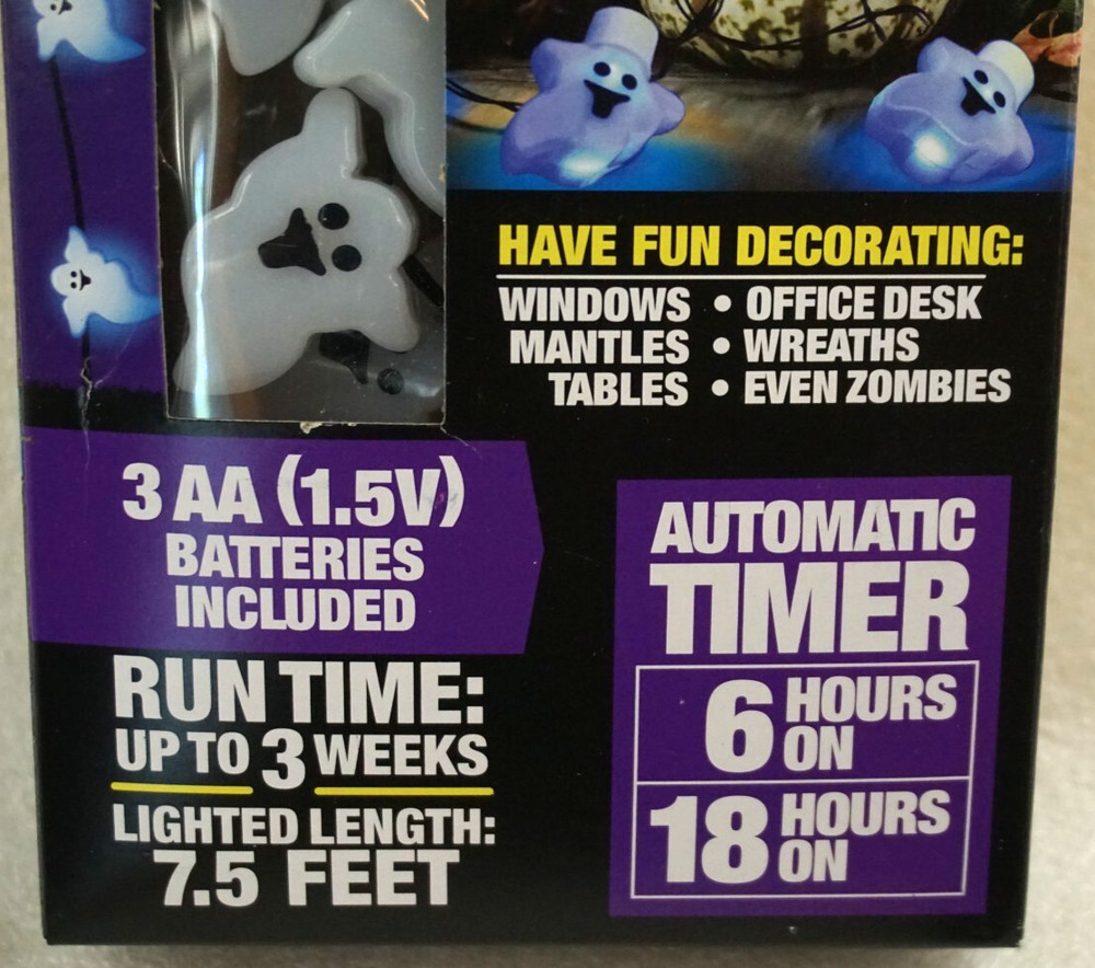 Halloween 10 LED Light String Ghosts Battery Operated Timer 3 Modes