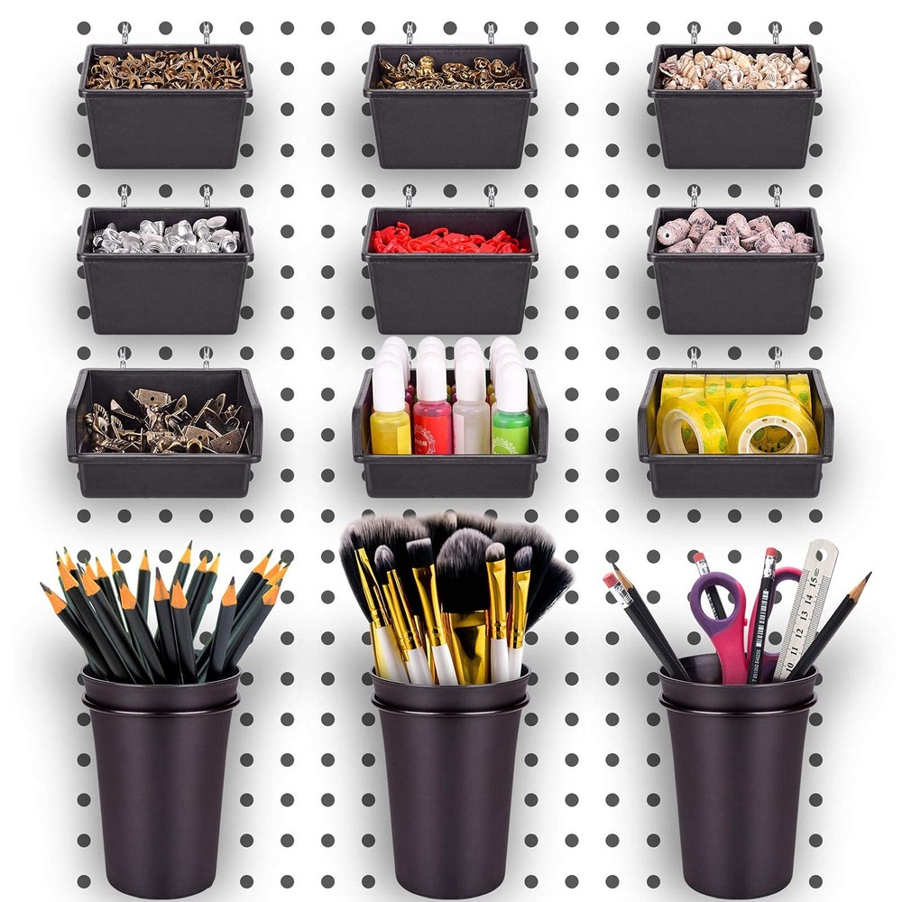 12 Pack Pegboard Bins PegBoard Cups with Hooks & Loops, Peg Board Hooks Assor...