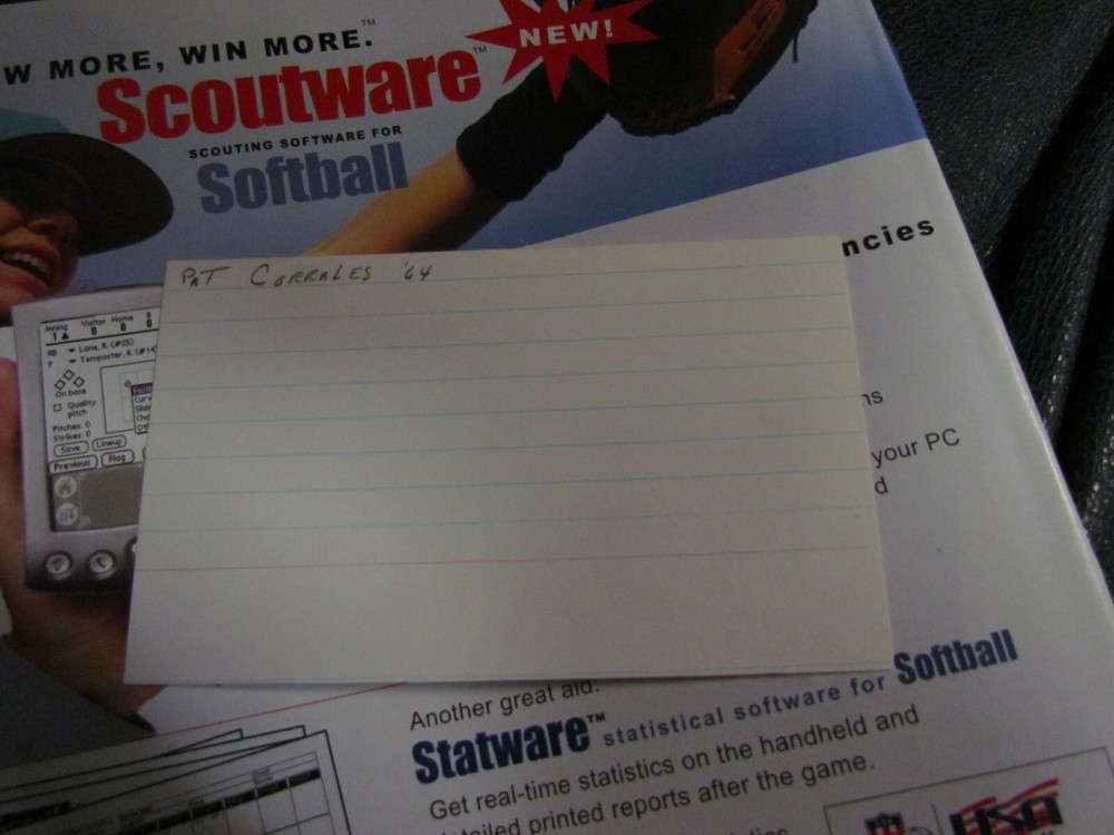 Pat Corrales autographed index card