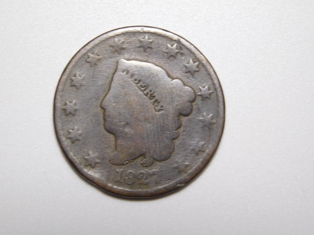 OLD US COPPER COINS 1827 CORONET HEAD LARGE CENT