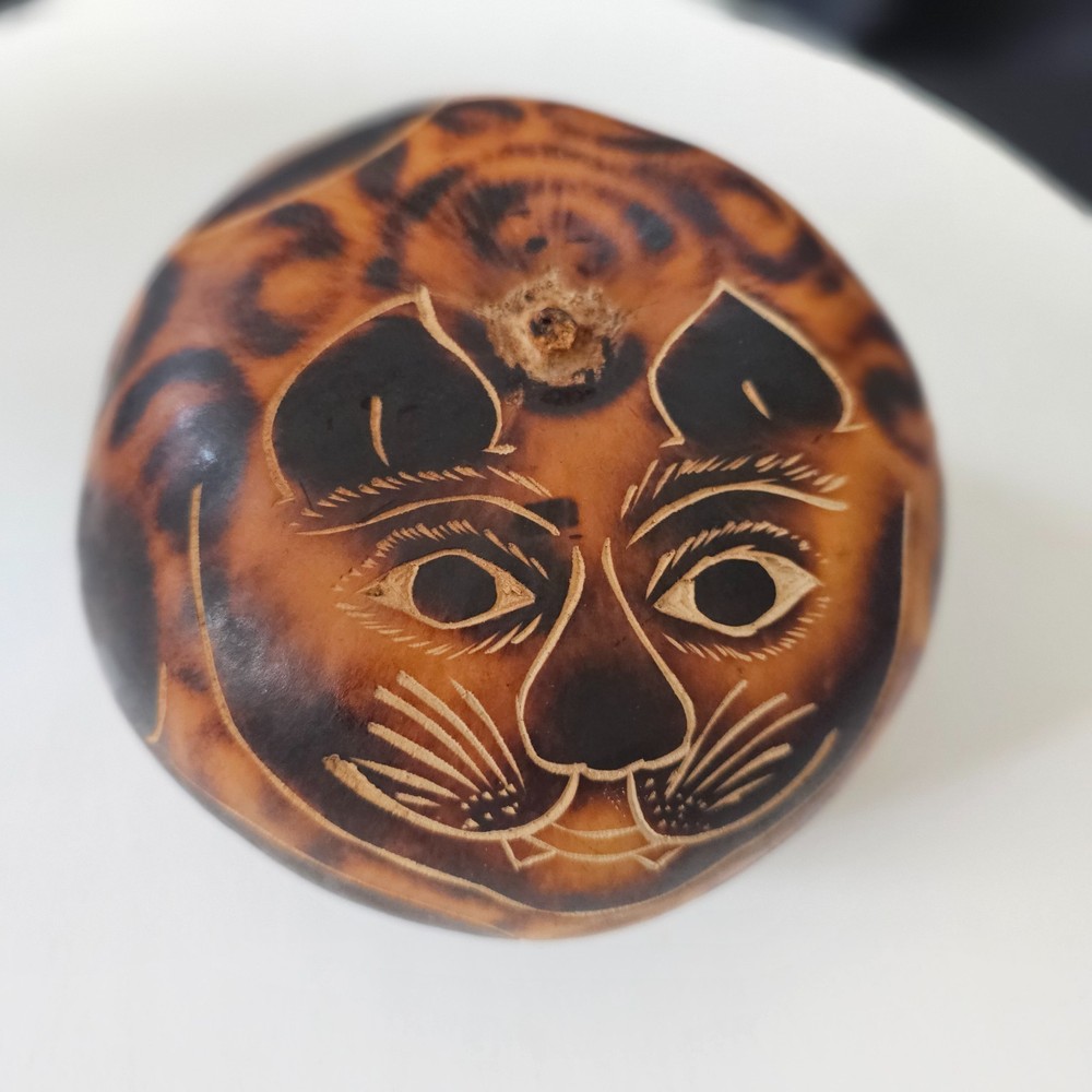Hand carved Cat Gourd Peru Signed