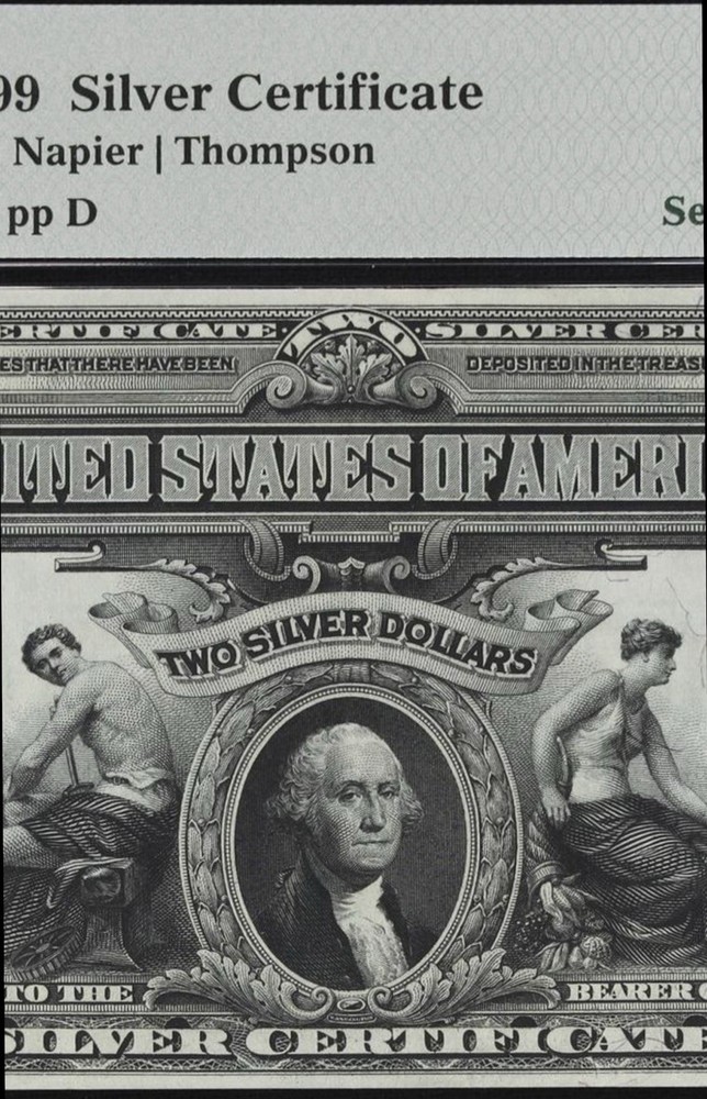1899 $2 🇺🇸 Glorious (( Silver Certificate Mini Porthole )) Number ( 4 ) PMG 64