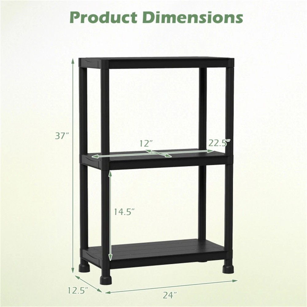 Black 3-Tier Garage Storage Shelf, PP Material 100LBS Per Shelf Tool-Free Assemb