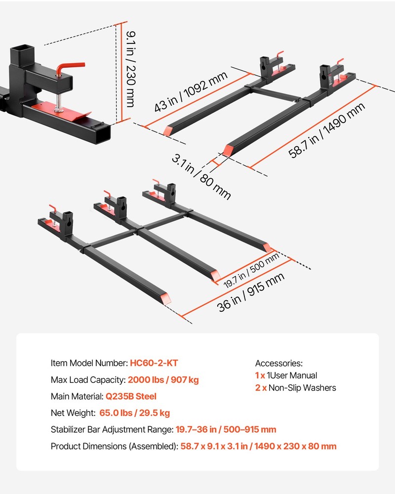 VEVOR 60" 2000 lbs Pallet Fork Clamp on Tractor Forks with Stabilizer Bar