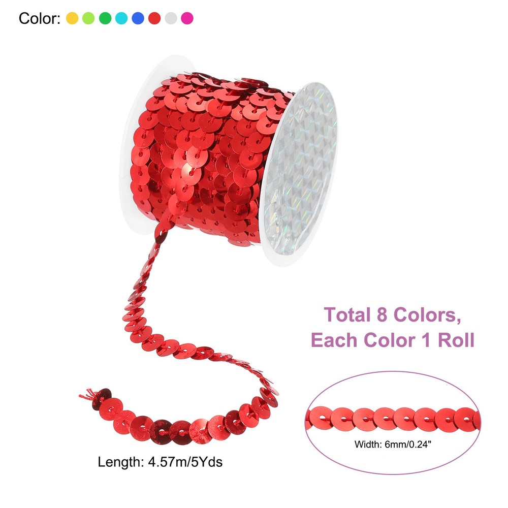 8 Colors 40Yds Flat Sequins Strip 6mm Spangle Paillette String Spool Roll