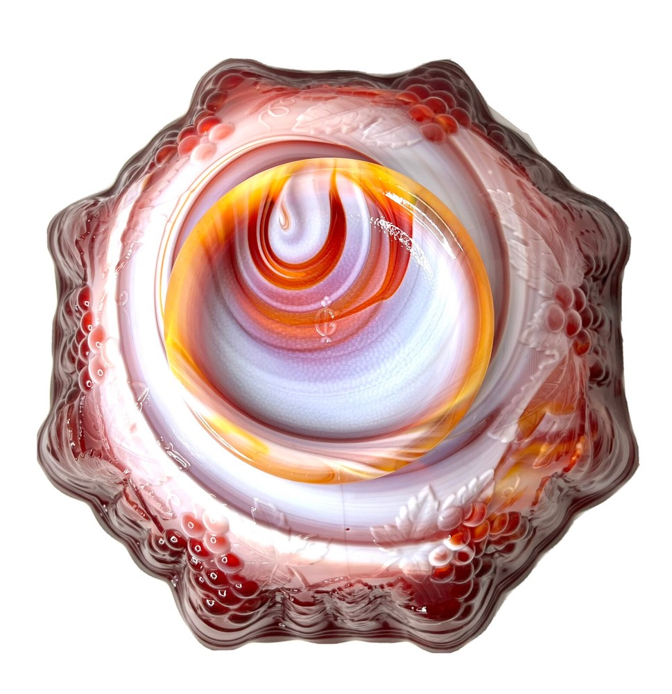 IMPERIAL Red Orange White Slag Glass Bowl Grape Pattern Ruffle Edge 9.5”