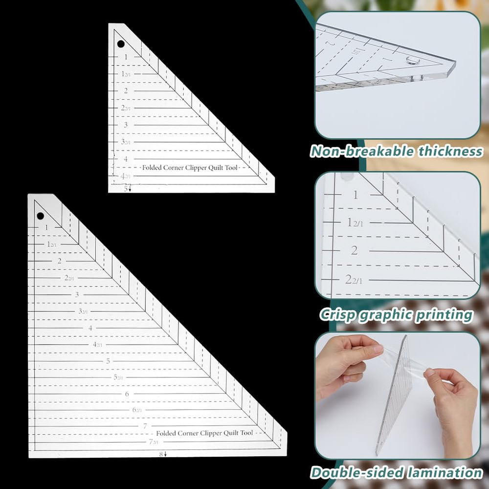 2 Pcs Acrylic Folded Corner Clipper Quilt Tool 45 Degree Triangle Ruler Transpar