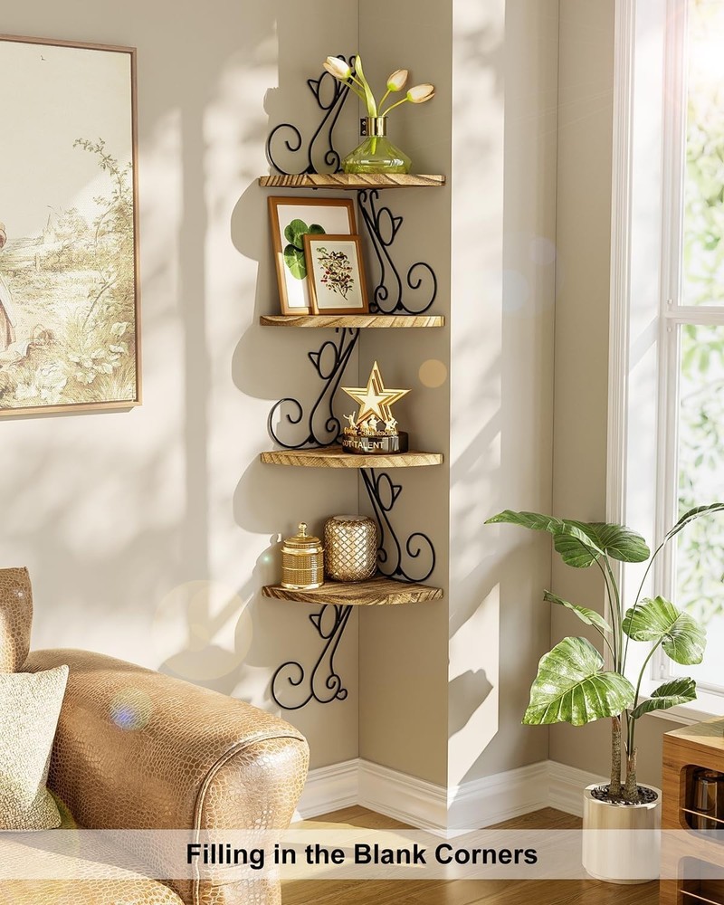 4-Tier Rustic Floating Corner Shelves in Cat Shape - Space Saving Solution