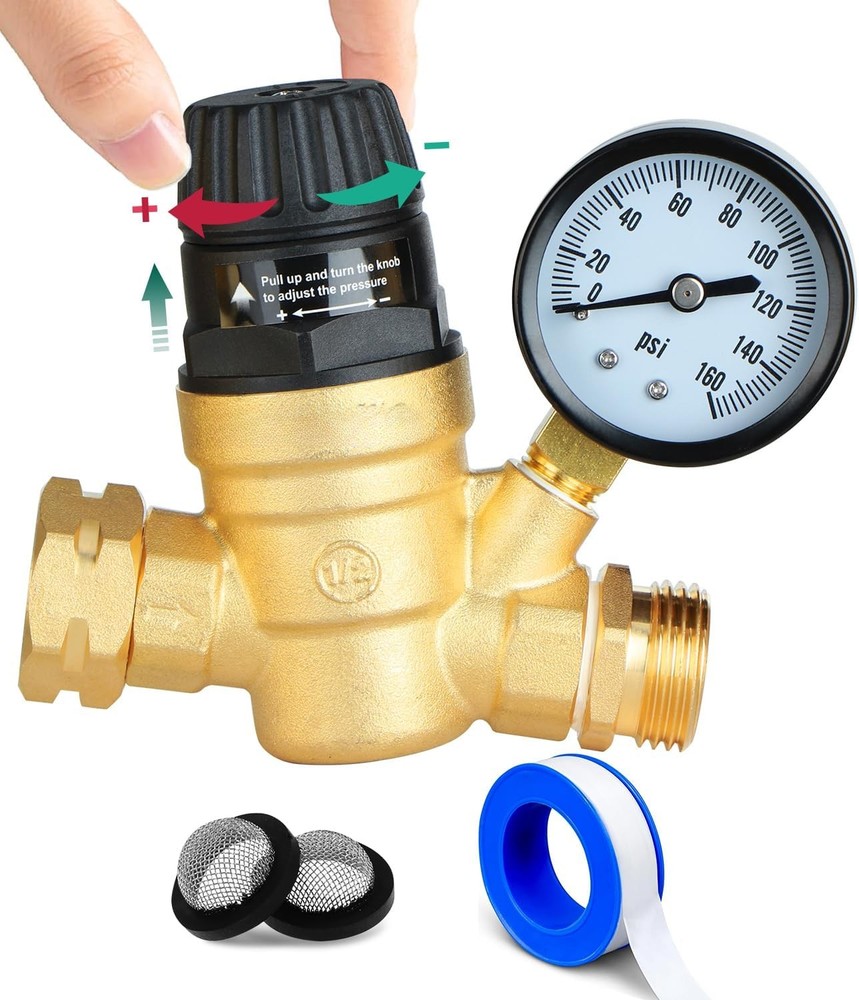 Water Pressure Regulator Adjustable, Pressure Reducing Valve with Strainer