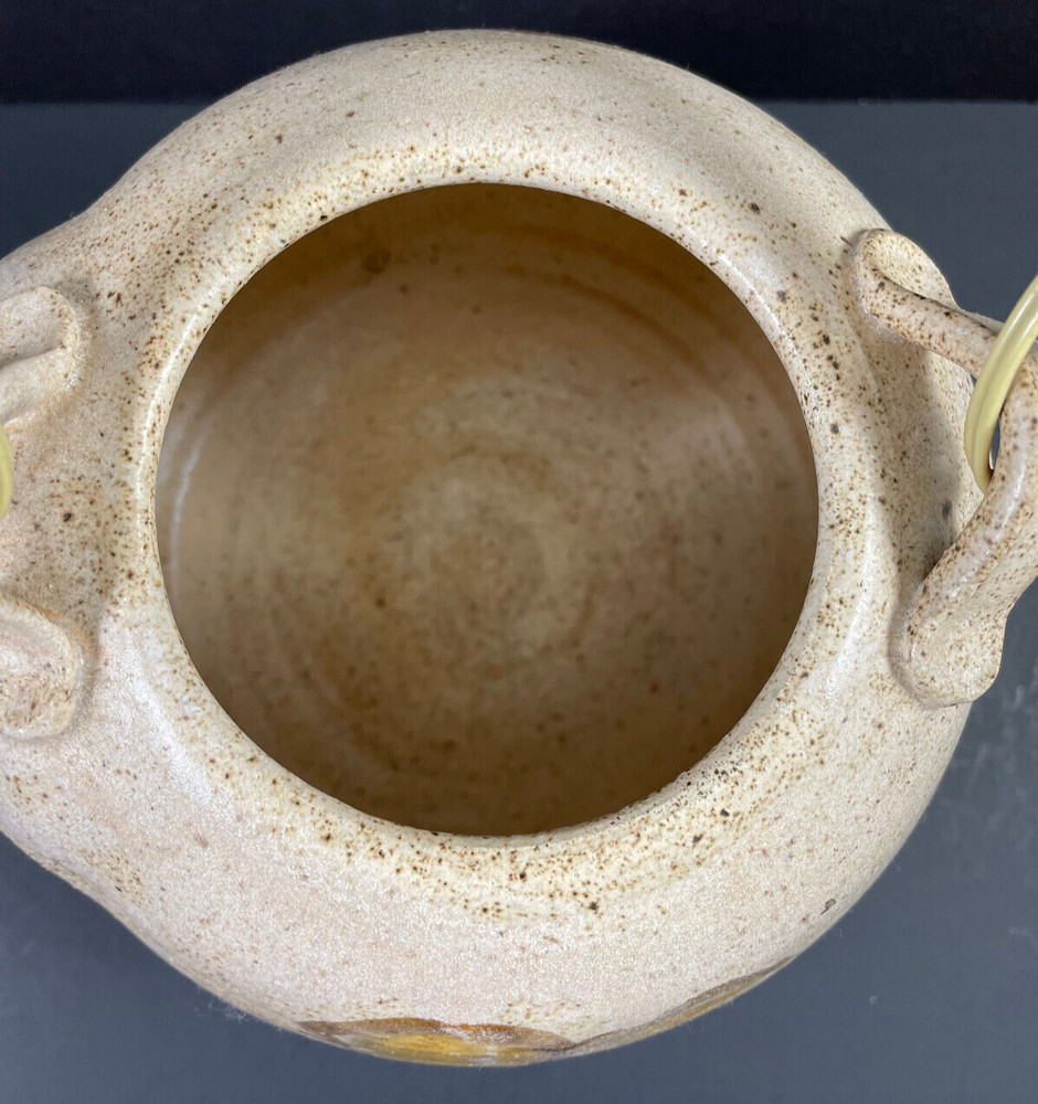 Floral Teapot w/ Bamboo Handle Studio Pottery Tan Brown Signed Rustic Handmade