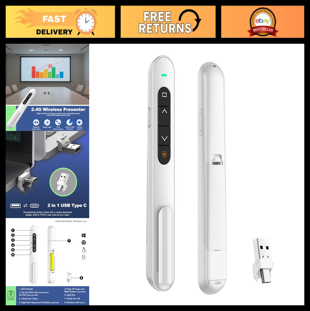 Wireless Presentation Clicker for PowerPoint, USB C Remote with Volume Control
