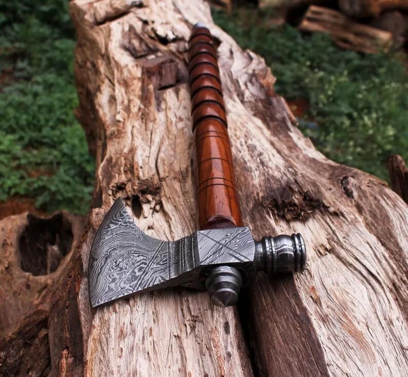 Custom Handmade Forged Damascus Blade Pipe Axe Tomahawk Hatchet Integral Axe