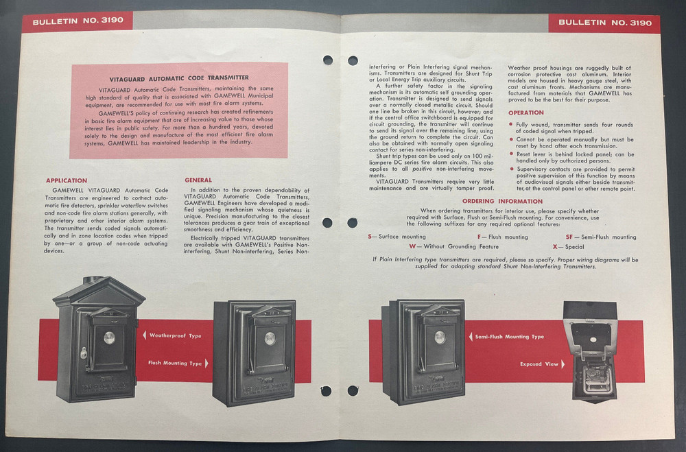 1959 GAMEWELL FIRE ALARM COMPANY AUTOMATIC CODE TRANSMITTER BULLETIN NO. 3190