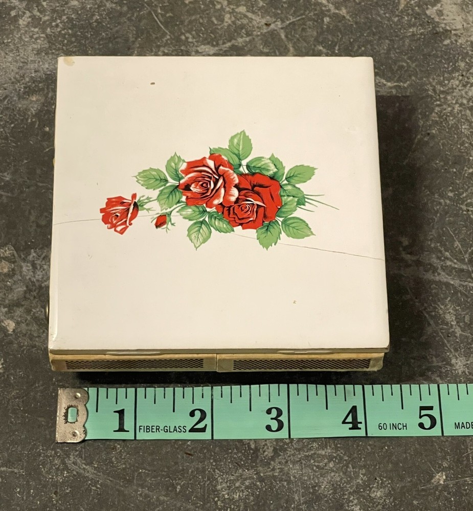 Vintage Square Roses Ceramic Tile Match Holder Box