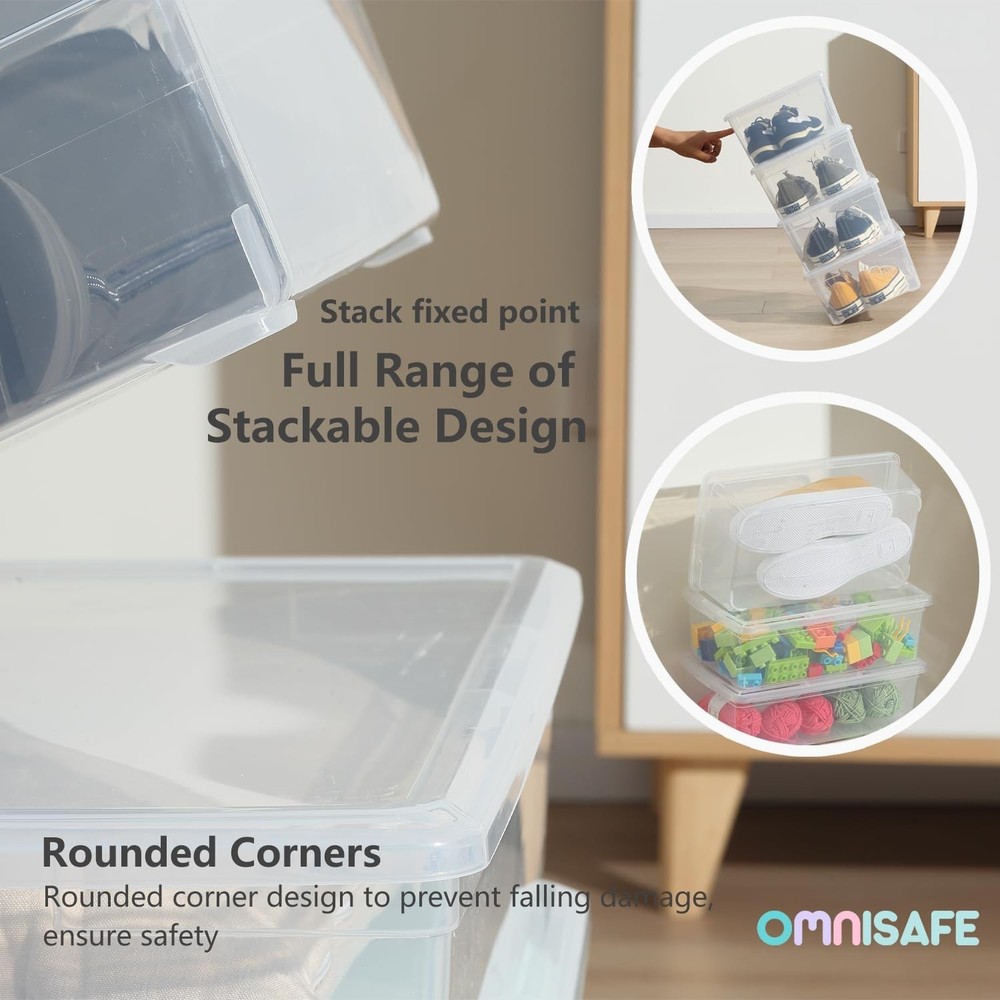 6 Quart Stackable Plastic Storage Shoebox, BPA-Free Nestable Container with L...