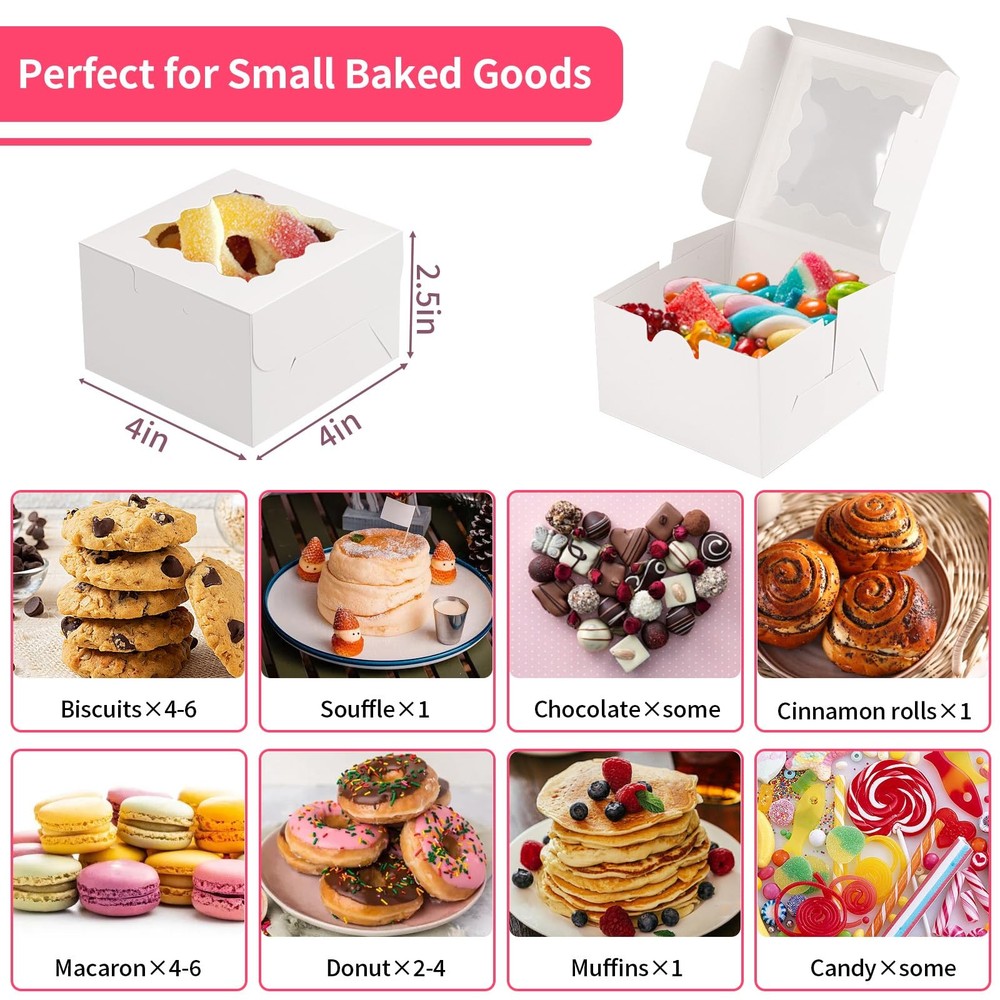 24pcs White Cookie Boxes, 4x4x2.5 Inches Bakery Boxes with Window, for Mini C...