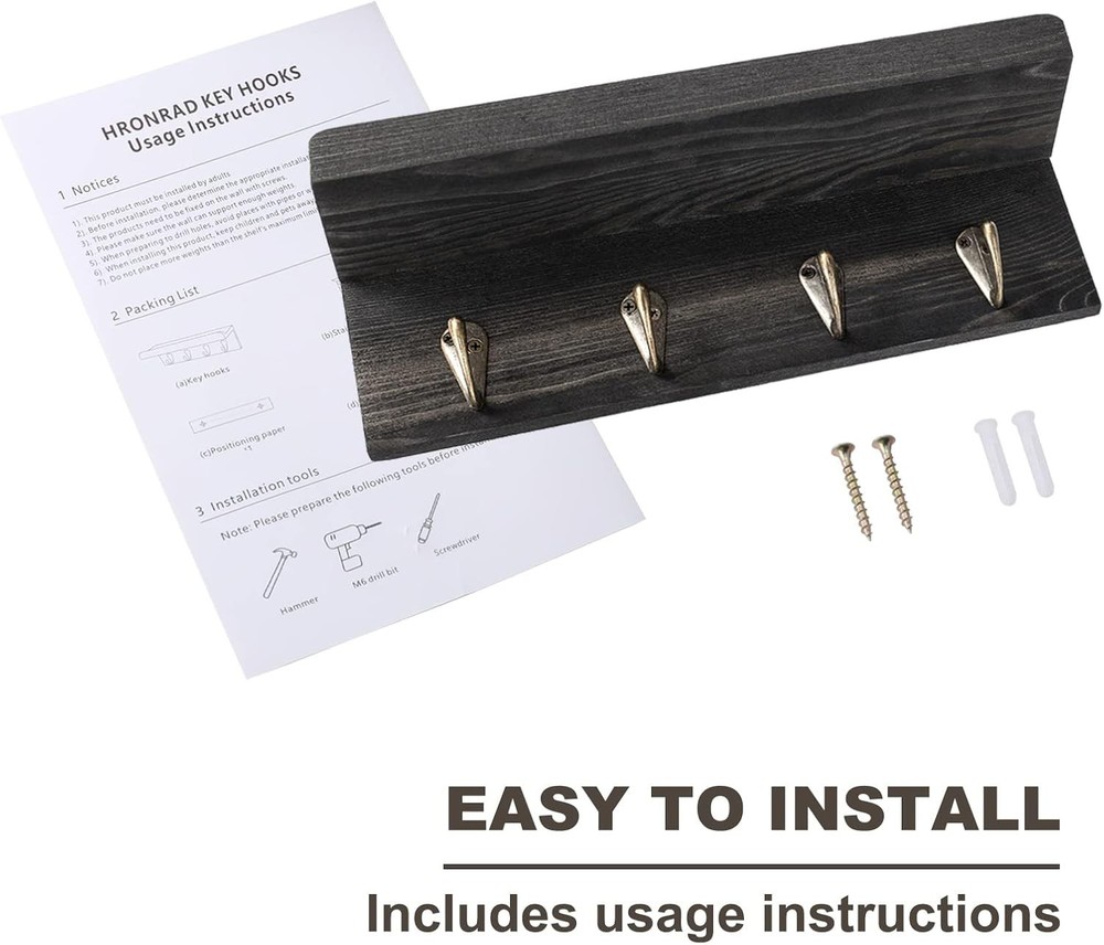 Rustic Key Holder for Wall, Farmhouse Wall Shelf with 4 Hooks, Wall Mounted Key