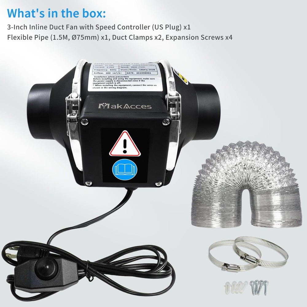 3 Inch Inline Duct Fan with Variable Speed Controller & 3 inches, Black