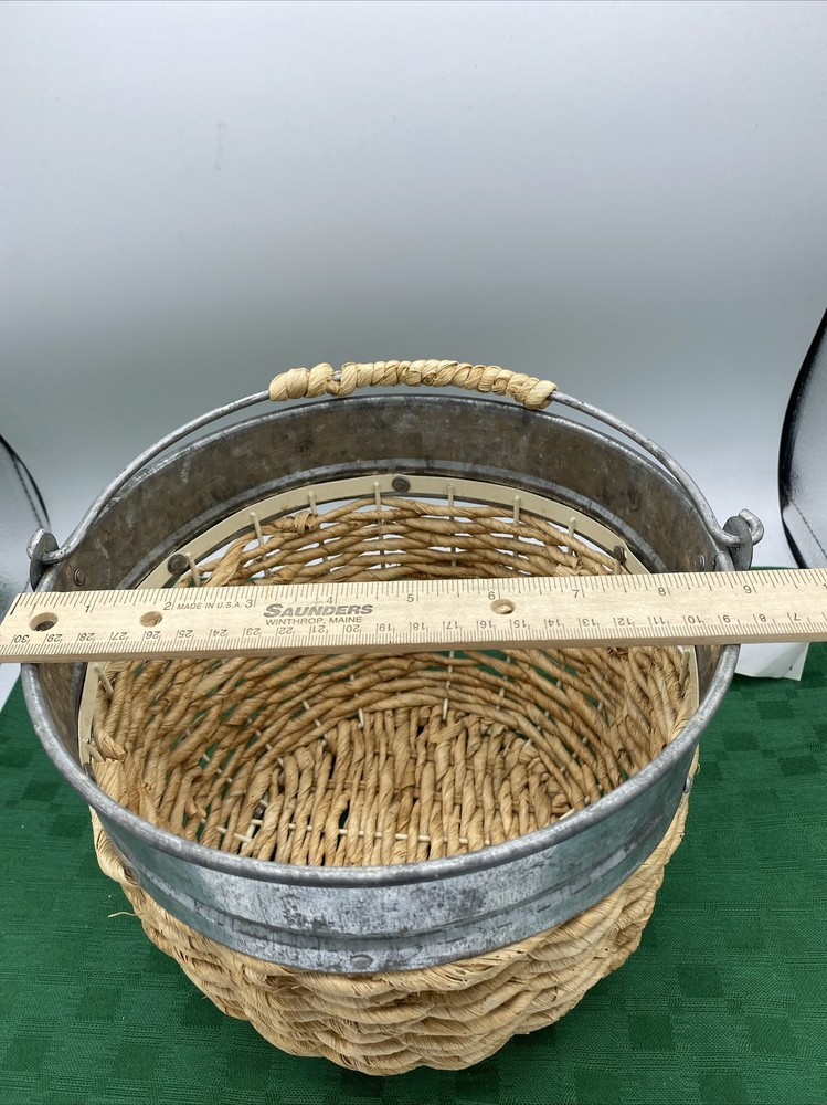 9” Wicker And Tin Hanging Pail Planter