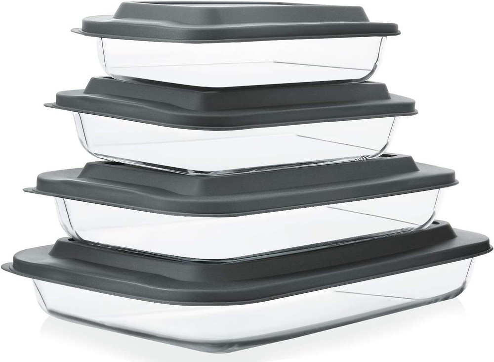 8-Piece DeepGlass Baking PanSet with Plastic Lid,Rectangular Baking Pan Set,Gray