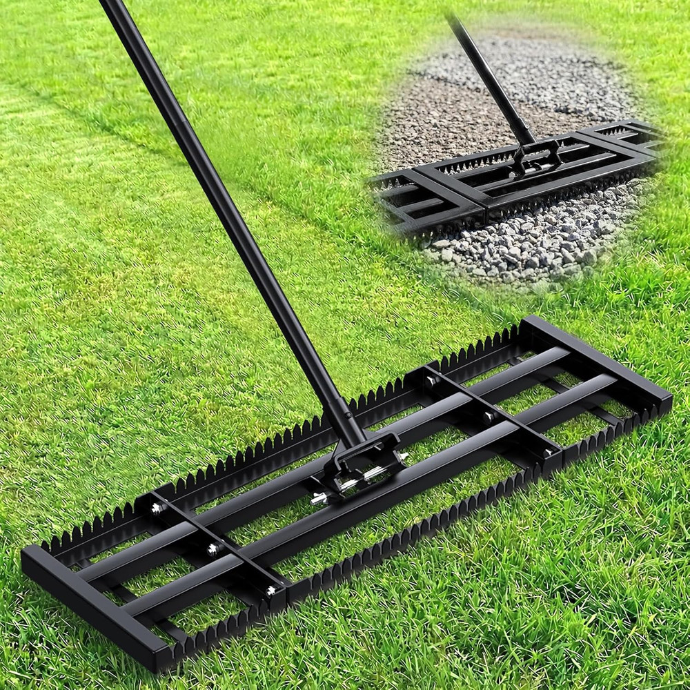Heavy-Duty Lawn Leveling Rake with Adjustable Handle and Dual-Sided Plate