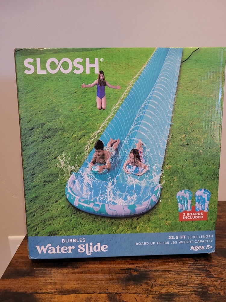 SLOOSH 22.5 FT DOUBLE WATER SLIDE BUILT IN SPRINKER INCLUDES 2 BOARDS & STAKES