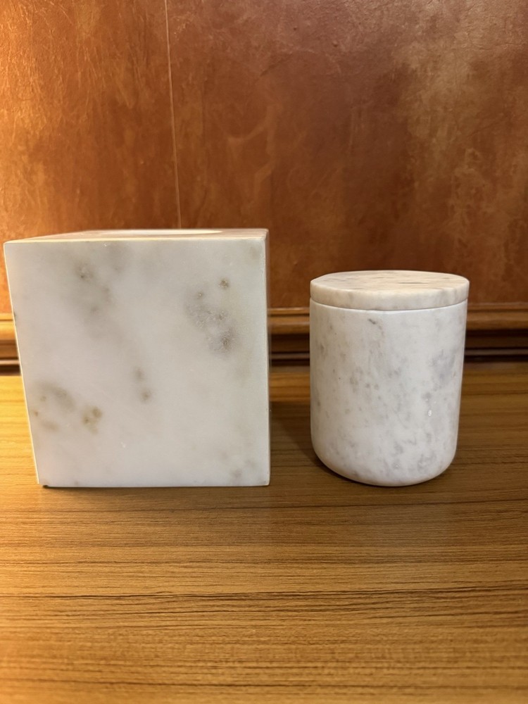Brand New Solid Carrara Marble Tissue Box Cover & Matching Lidded Jar-READ