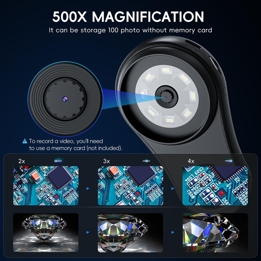 Macro Handheld Digital Microscope Fixed Focus, 2" IPS Screen 500X Mini Microsco