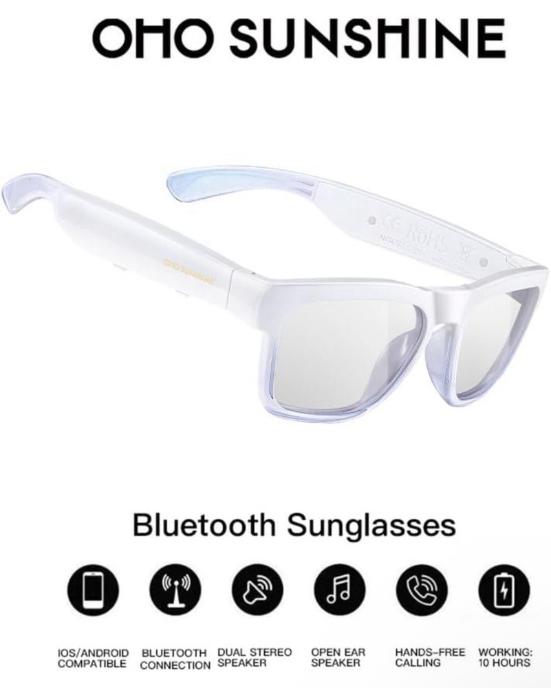 OhO Smart Glasses,Polarized Sunglasses w/Bluetooth Speaker, White Transitional