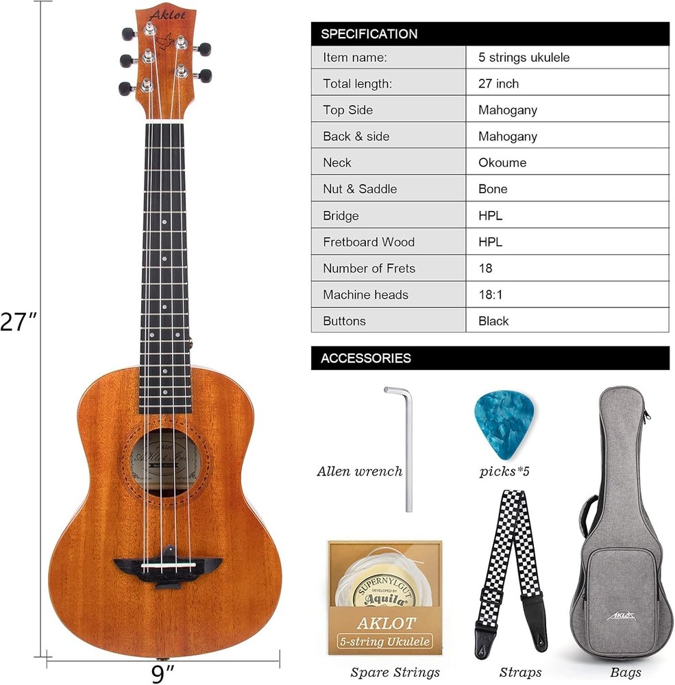 Tenor Ukulele 5-String Solid Mahogany Gig Bag Professionals