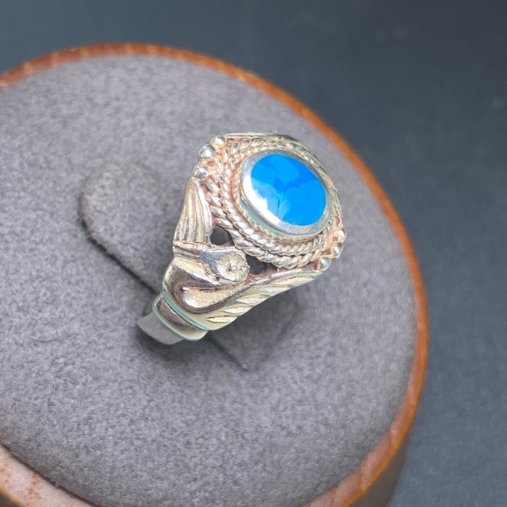 Bezel Set Turquoise Eagle Design Statement Ring Vintage Sterling Silver 925 Sz 6