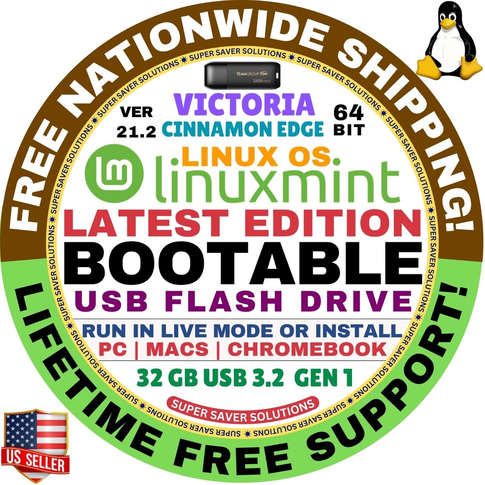 Linux MINT 21.2 USB VICTORIA Cinnamon Edge 64-Bit Live Boot, Install for MAC, PC
