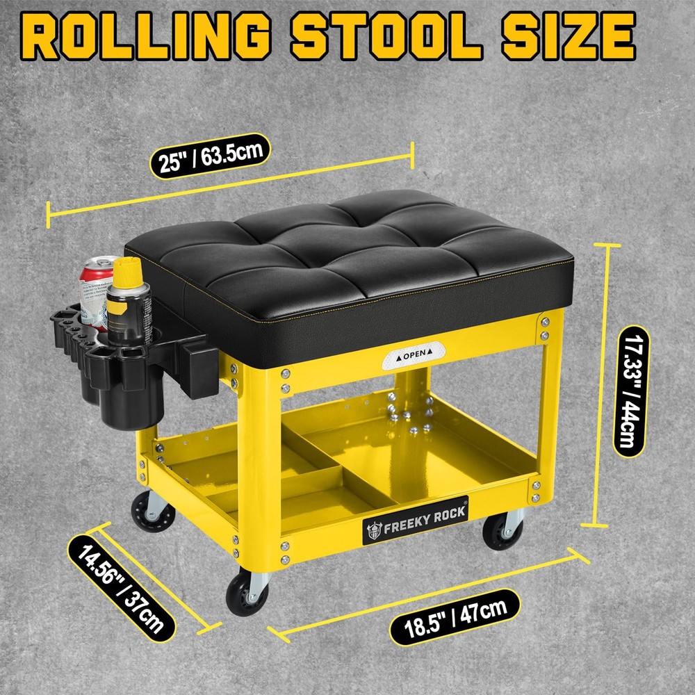Rolling Mechanic Stool with Wheels, Garage Mechanics Stool with 2 Layer Repai...